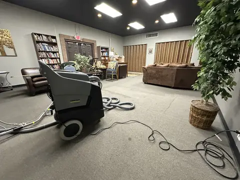 A carpet extractor with its wand, hoses and cable on grey carpet in a lounge with bookshelves, armchairs, a brown sofa and a large potted plant